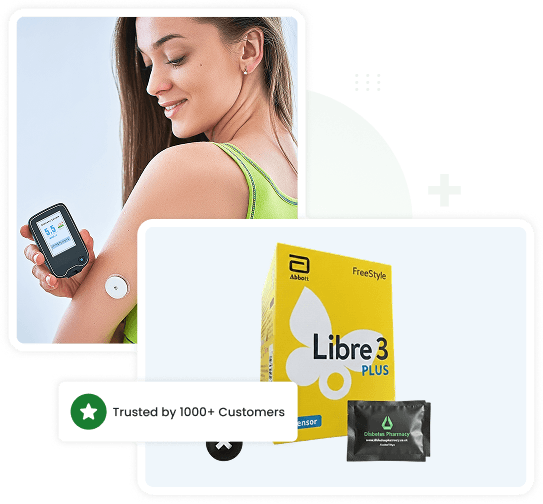 Woman using a glucose monitor with Libre 3 Plus products